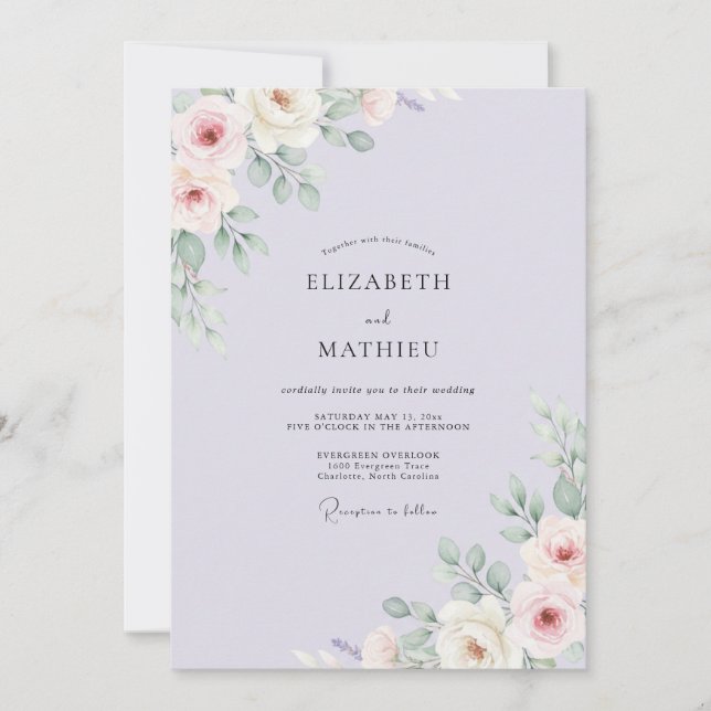 Convite Casamento Romântico Sereno de Lilás (Frente)