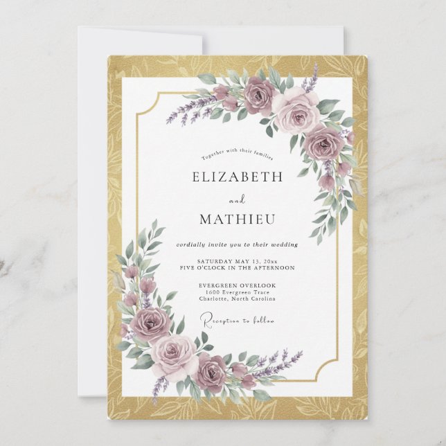Convite Casamento Romântico Soberbo Dourado (Frente)