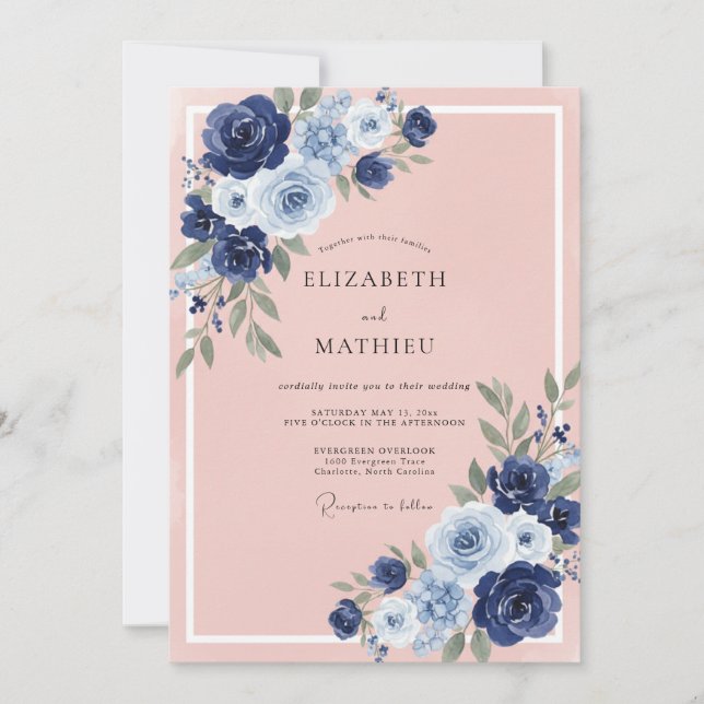 Convite Casamento Romântico Sofisticado da Marinha (Frente)