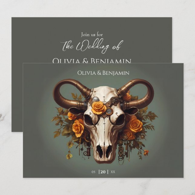 Convite Casamento Romântico Steampunk Floral Cow Skull (Frente/Verso)