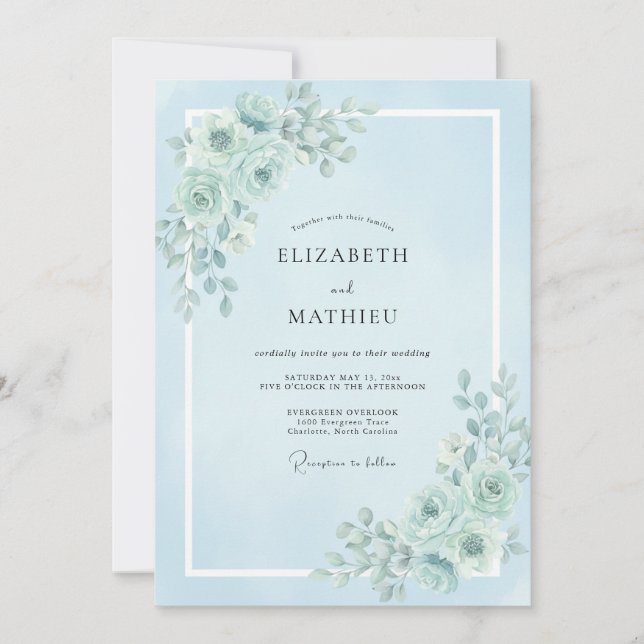 Convite Casamento Romântico Tranquilo Azul Pó (Frente)