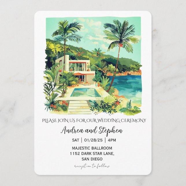 Convite Casamento Romântico Tropical na Ilha (Frente)