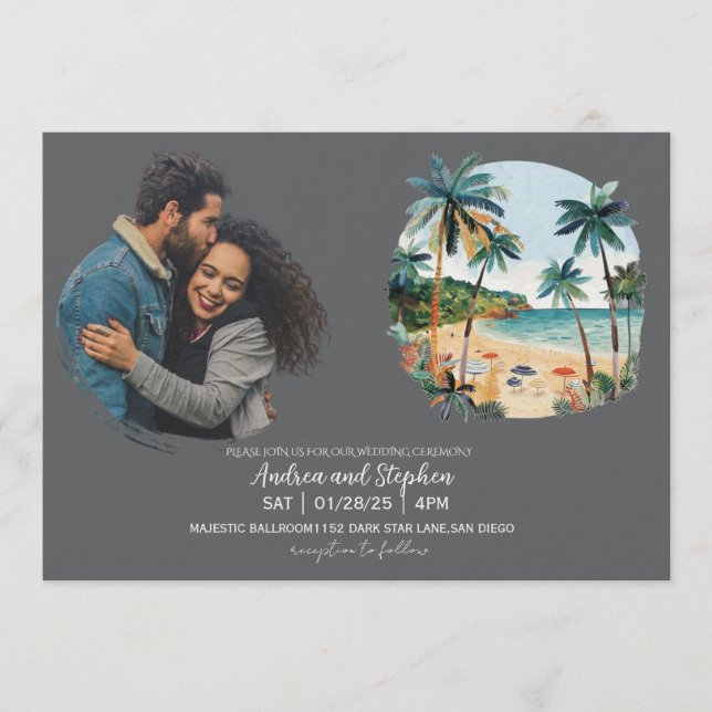 Convite Casamento Romântico Tropical na Ilha (Frente)