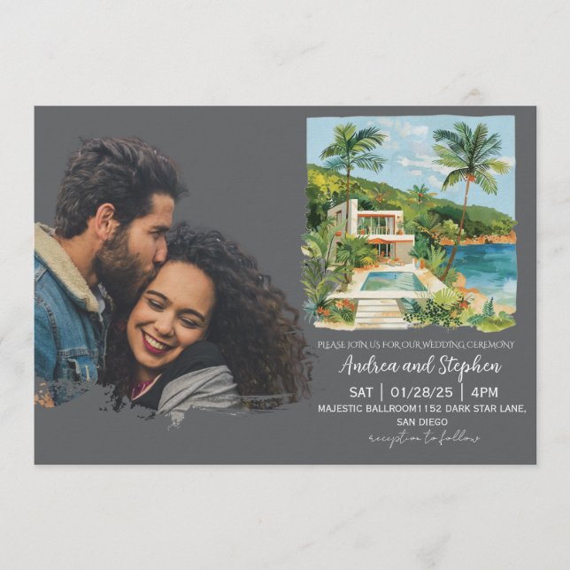 Convite Casamento Romântico Tropical na Ilha (Frente)