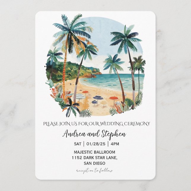 Convite Casamento Romântico Tropical na Ilha (Frente)