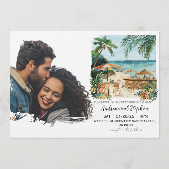 Convite Casamento Romântico Tropical na Ilha (Frente)