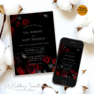 Convite Casamento Romântico Vermelho Vermelho Negro Elegan