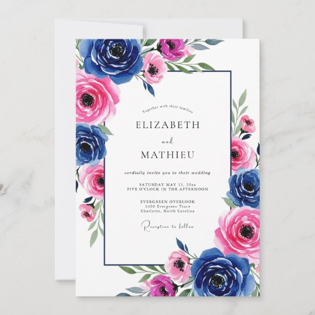 Convite Casamento Romântico Vibrante Azul Real (Frente)