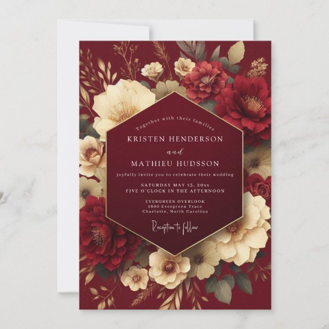Convite Casamento Romântico Vintage com Floral Borgonha (Frente)