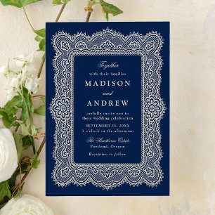 Convite Casamento Romântico Vintage com Renda Naval