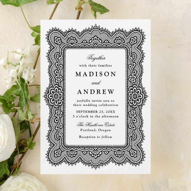 Convite Casamento Romântico Vintage com Renda Preta (Criador carregado)