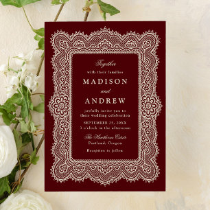 Convite Casamento Romântico Vintage em Renda Burgundy