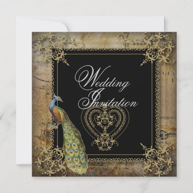 Convite casamento romântico vintage turquesa pavão (Frente)