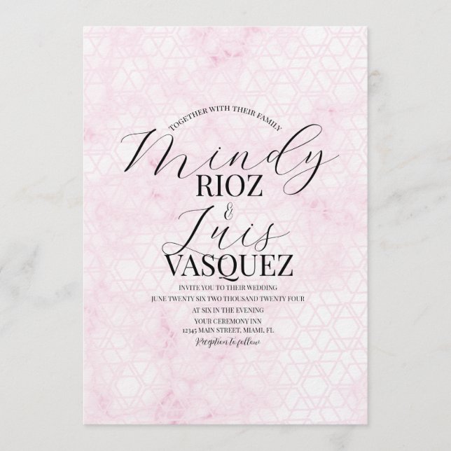 Convite Casamento Rosa Abstrato em Mármore Script Preto  (Frente)