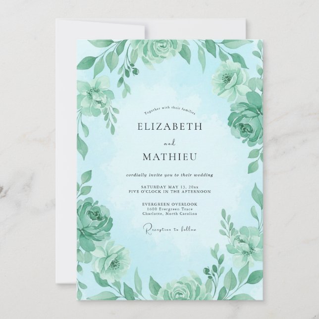 Convite Casamento Rosa Antiga Água Mint (Frente)