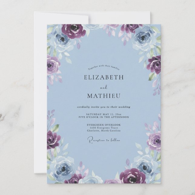 Convite Casamento Rosa Antiga Ameixa Periwinkle (Frente)