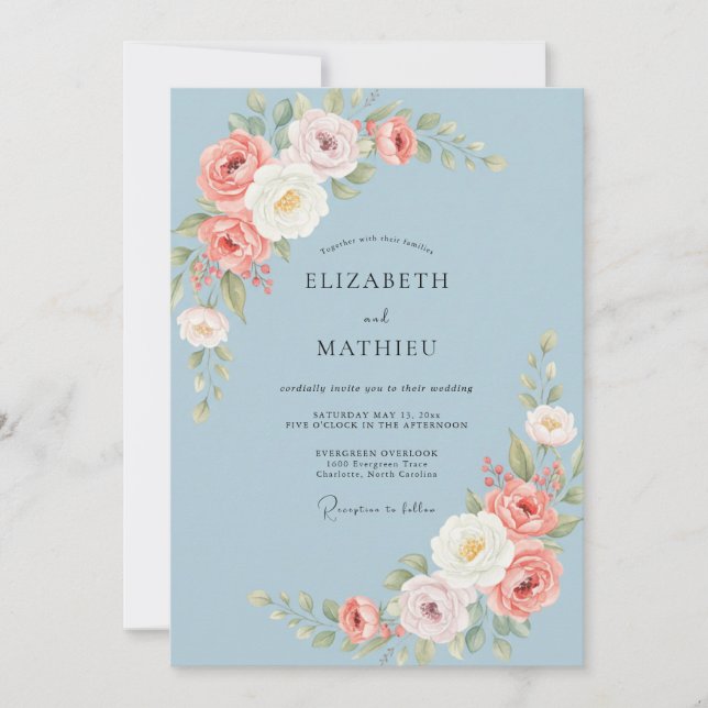Convite Casamento Rosa Antiga Azul Pó (Frente)