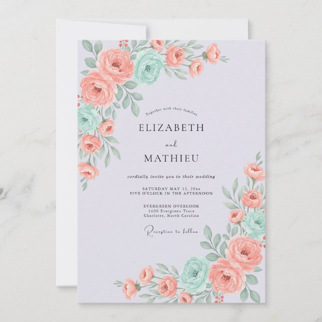 Convite Casamento Rosa Antiga Coral Mint (Frente)
