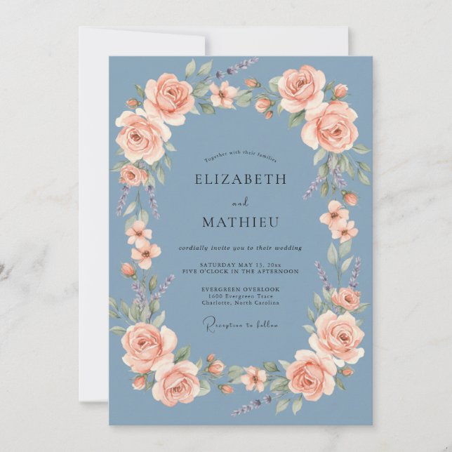 Convite Casamento Rosa Azul Aço (Frente)