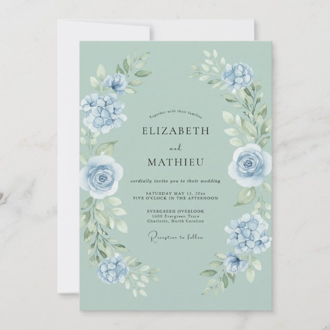 Convite Casamento Rosa Azul Celadon em Pó (Frente)