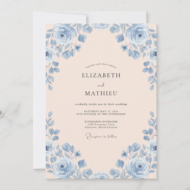 Convite Casamento Rosa Azul Champagne (Frente)