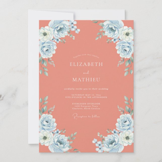 Convite Casamento Rosa Azul Coral (Frente)
