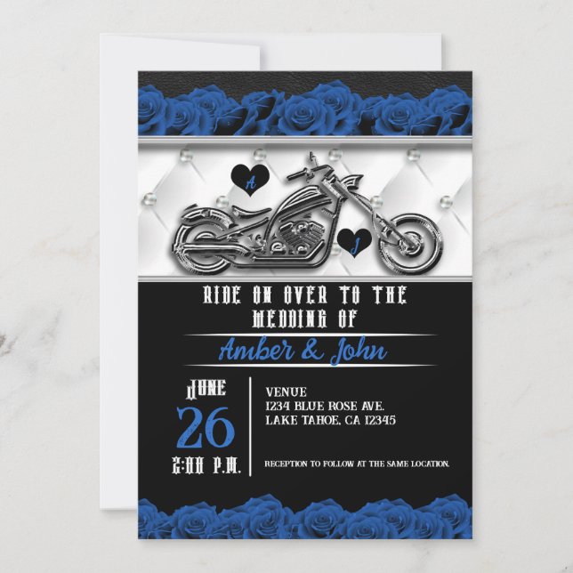 Convite Casamento Rosa Azul Couro Motoqueiro Motocicleta  (Frente)