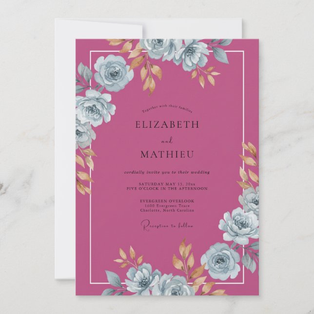 Convite Casamento Rosa Azul Magenta (Frente)