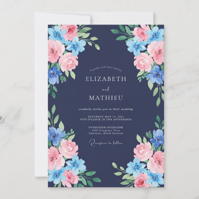 Convite Casamento Rosa Azul Meia-Noite (Frente)