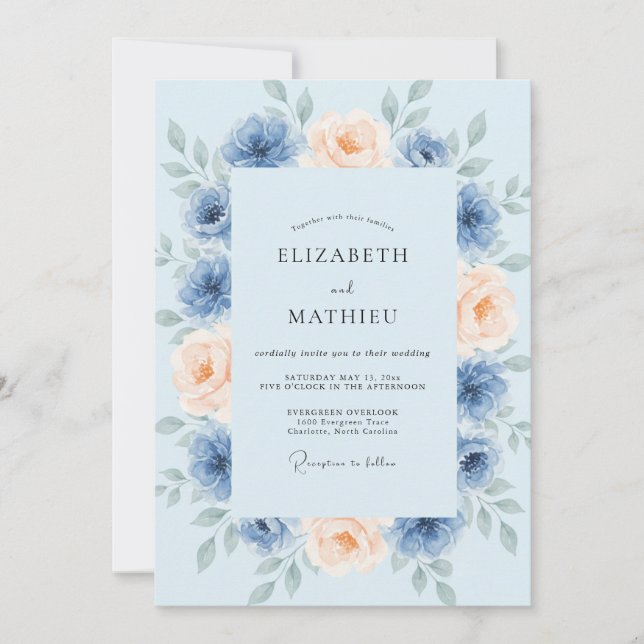 Convite Casamento Rosa Azul Pó (Frente)