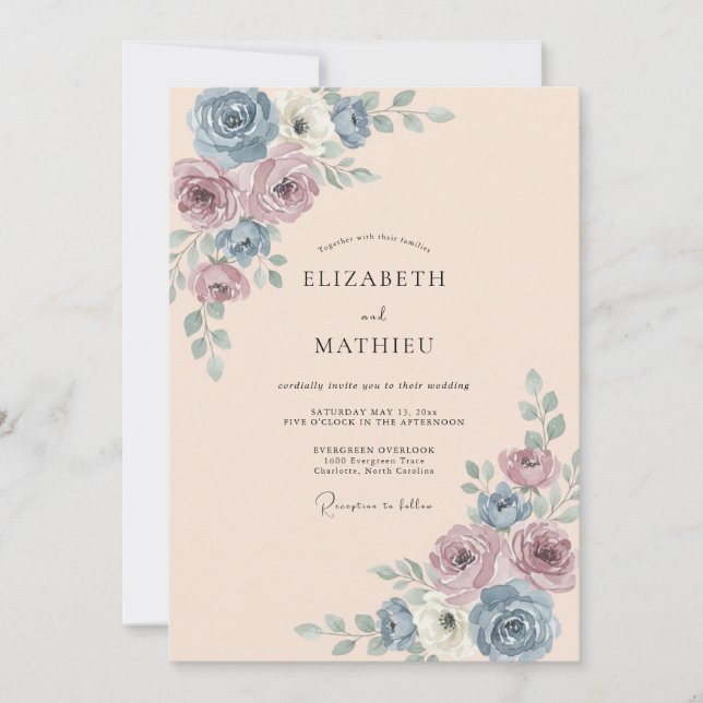 Convite Casamento Rosa Azul Poento (Frente)