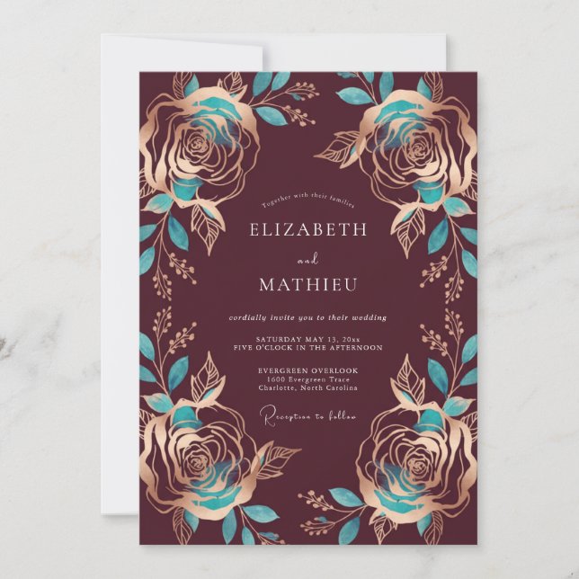 Convite Casamento Rosa Azul Turquesa Borgonha (Frente)