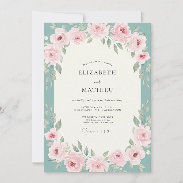 Convite Casamento Rosa Bege Aqua (Frente)