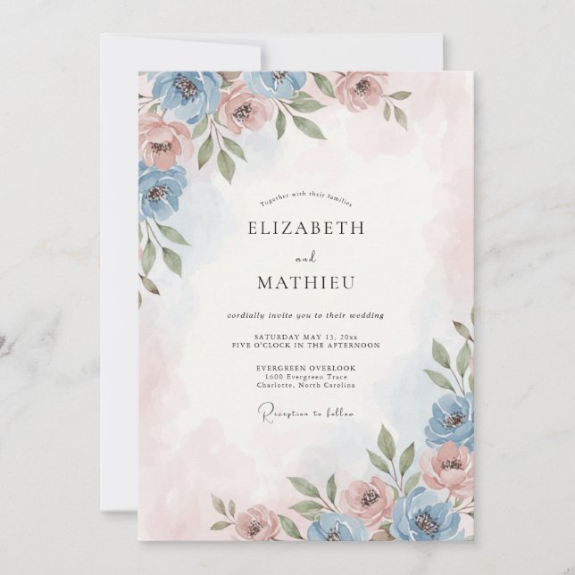 Convite Casamento Rosa Bege Azul Céu Dourado (Frente)