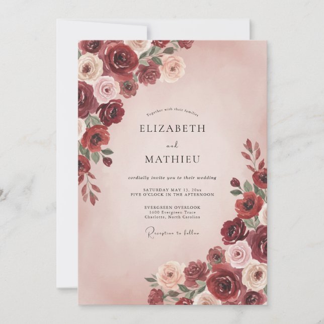 Convite Casamento Rosa Bege Borgonha (Frente)