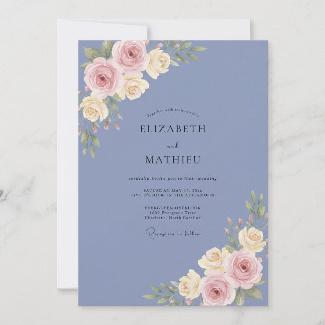 Convite Casamento Rosa Bege com Tons de Periwinkle (Frente)
