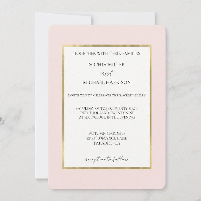 Convite Casamento Rosa Bege Dourado Branco (Frente)
