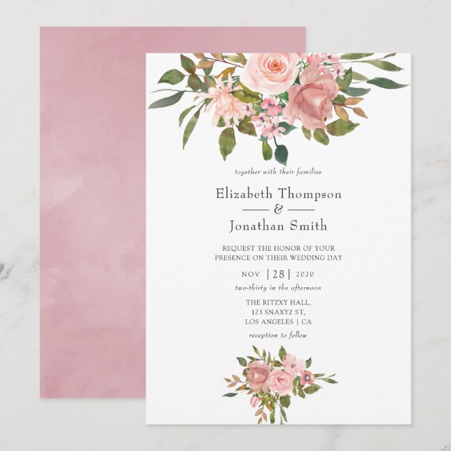 Convite Casamento Rosa Bege e Dourado Rosa (Frente/Verso)
