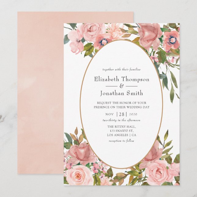 Convite Casamento Rosa Bege e Dourado Rosa (Frente/Verso)