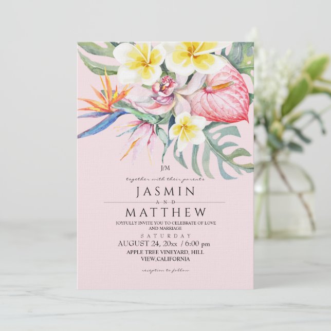Convite Casamento Rosa Bege Floral Botânico Tropical  (Em pé/Frente)
