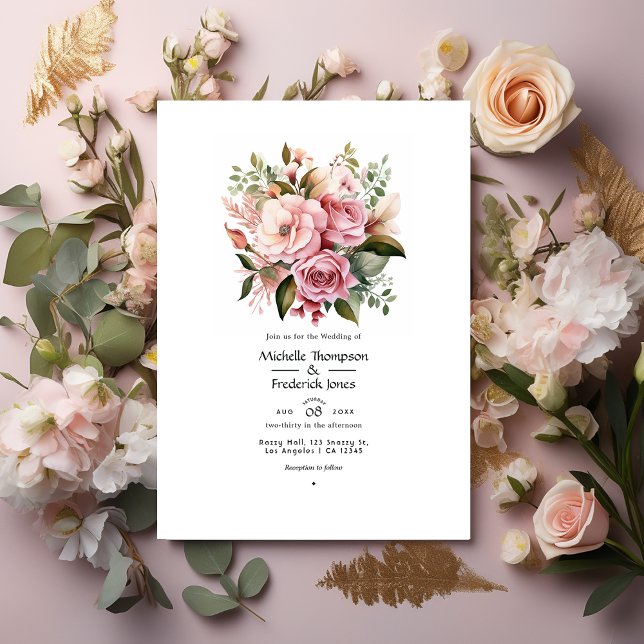 Convite Casamento Rosa Bege, Folhagem e Rosa Canela (Criador carregado)