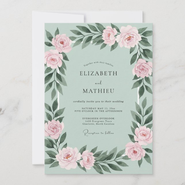 Convite Casamento Rosa Bege Hortelã (Frente)