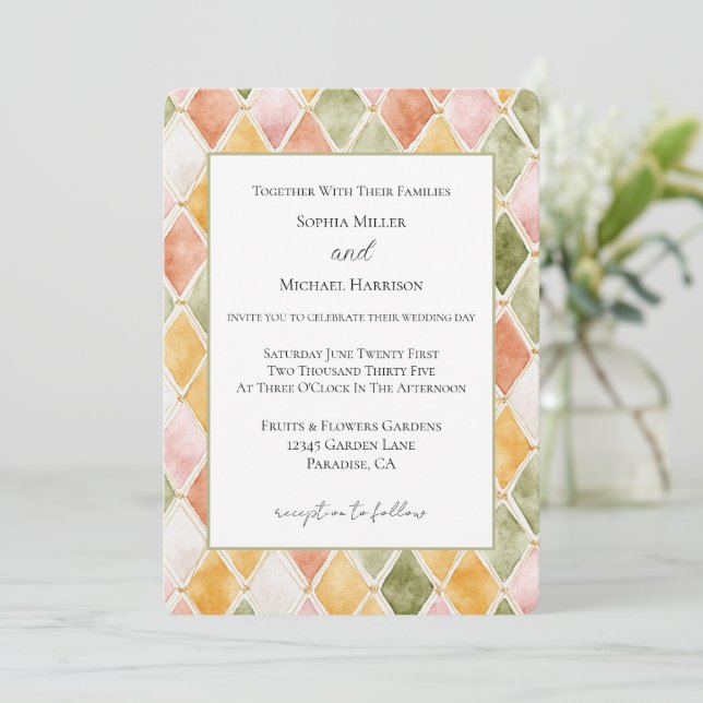 Convite Casamento Rosa Bege Laranja Verde Amarelo (Em pé/Frente)