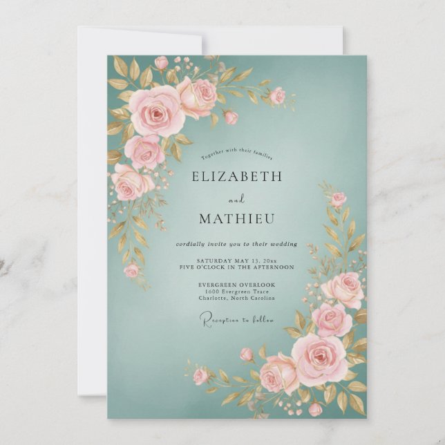Convite Casamento Rosa Bege Poeira Azul (Frente)