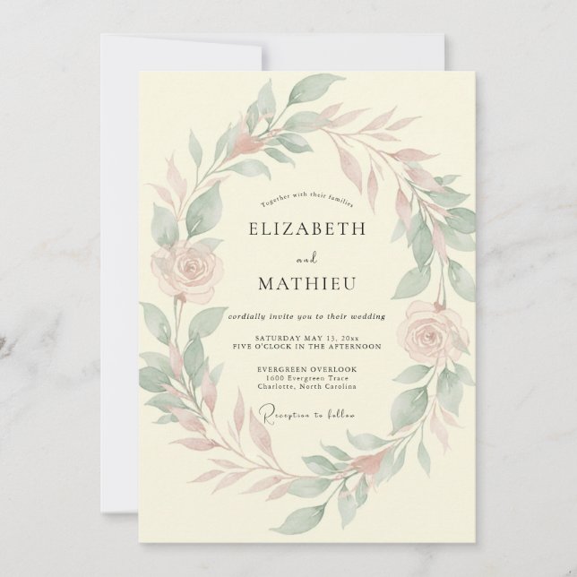 Convite Casamento Rosa Bege Sage (Frente)