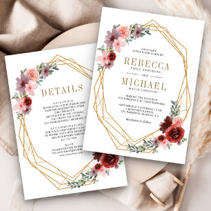 Convite Casamento Rosa Borgonha Floral Dourado Tudo em Um