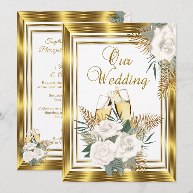 Convite Casamento Rosa Branca Dourada Champanhe Ouro 2 (Frente/Verso)