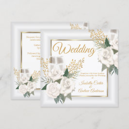 Convite Casamento Rosa Branca Floral Champanhe Dourado