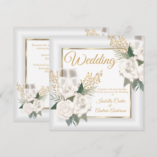 Convite Casamento Rosa Branca Floral Champanhe Dourado (Frente/Verso)