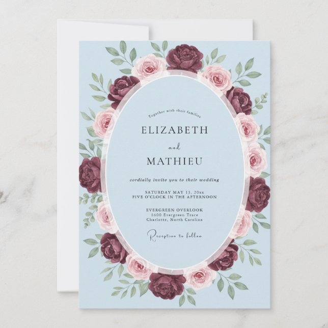 Convite Casamento Rosa Céu Borgonha (Frente)